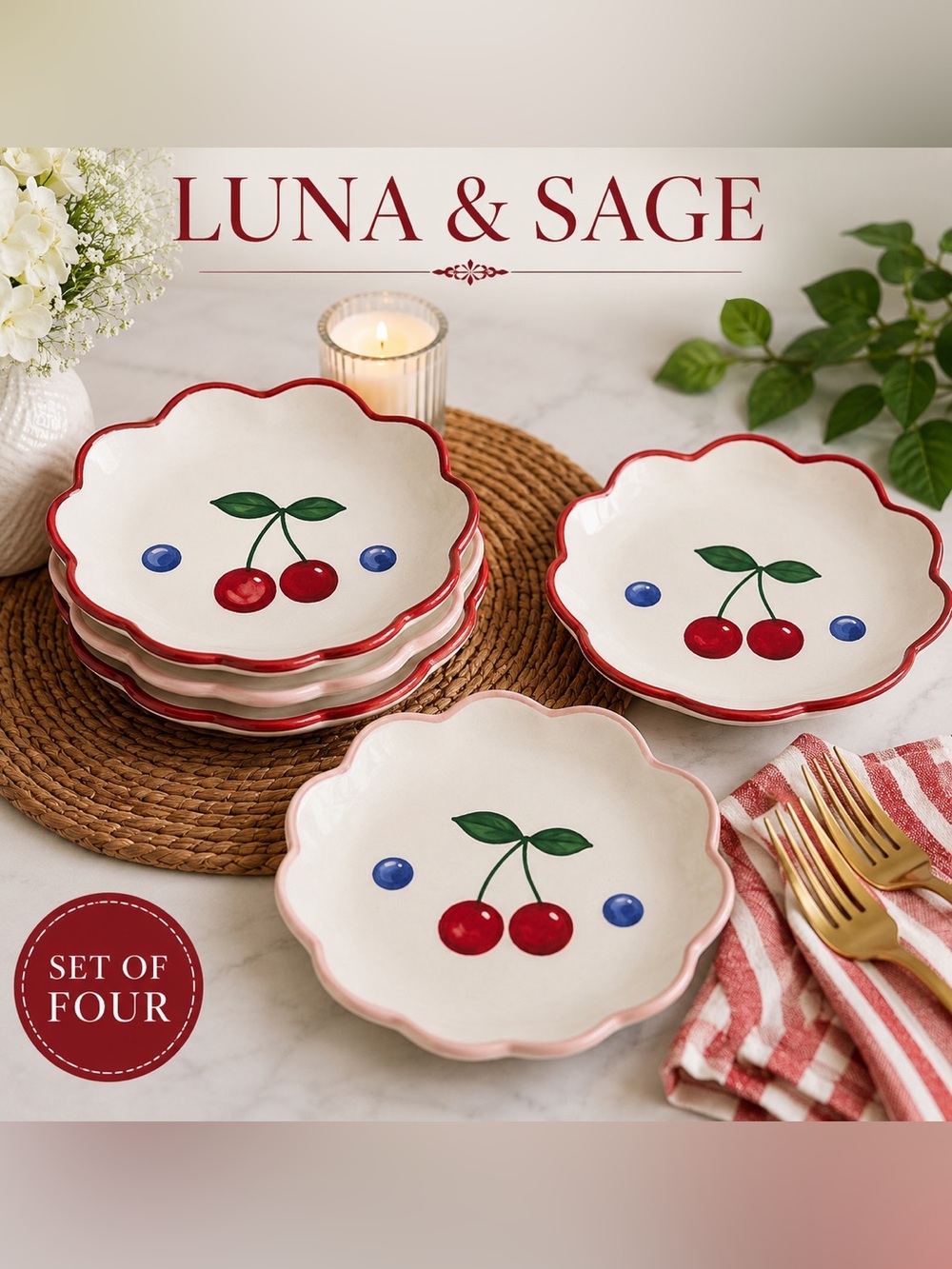 🍒 Luna & Sage Cherry Mini Dessert Plates – Set of 4